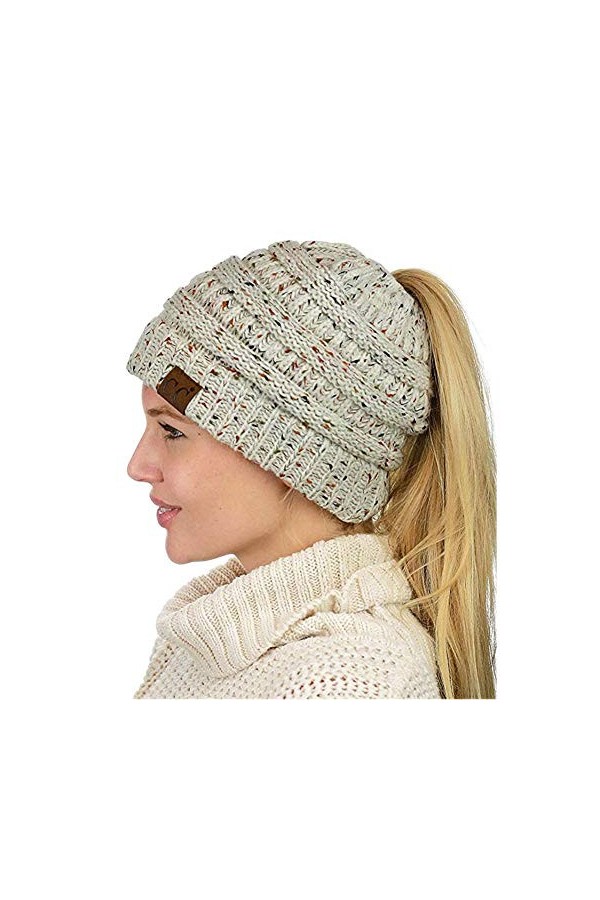 ZiXing Automne Hiver Bonnet en Tricot avec Trou pour Queue de Cheval Beanie Chapeau Rose OneSize
