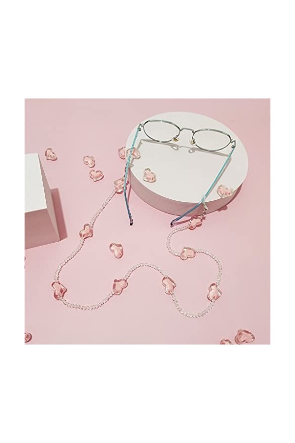 Amour Coeur Rose Cristal Lunettes De Soleil Chaîne Romantique Chaîne De Perles Transparentes pour Lunettes Femmes Longe Bijou
