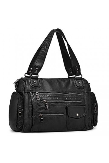 Sac à Main pour Femme en Cuir Souple lavé avec Multi-Poches Sac à bandouliere élégant et spacieux Sac portés Main Fourre-Tout