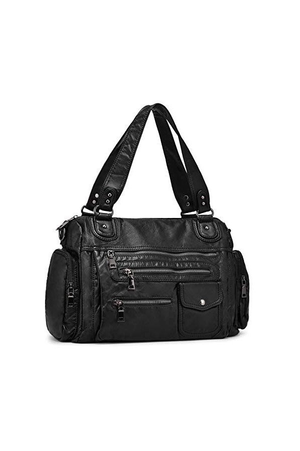 Sac à Main pour Femme en Cuir Souple lavé avec Multi-Poches Sac à bandouliere élégant et spacieux Sac portés Main Fourre-Tout