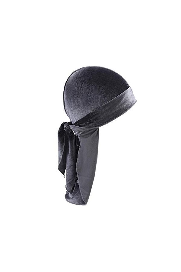 zalati Durag Casquette de pirate en velours uni à longue queue pour homme et femme Gris