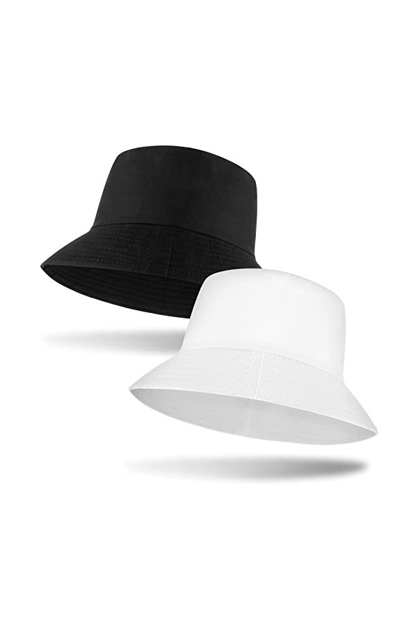 Chapeau de Seau Chapeau de Pêcheur Chapeau Bob de Soleil Noir, Blanc, 2 