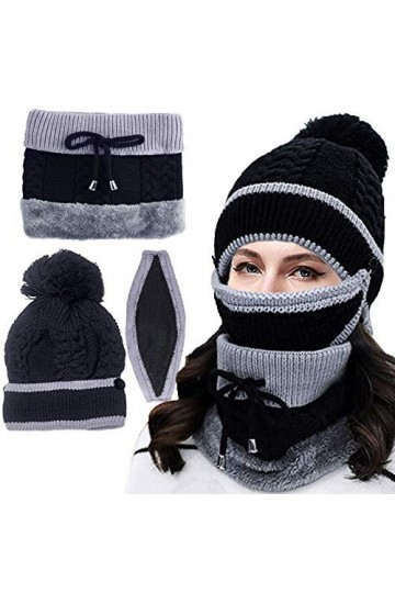 RSVOM Ensemble bonnet, écharpe et masque, 3 en 1 noir tricoté pour femme, bonnet dhiver et écharpe, bonnet thermique épais, 