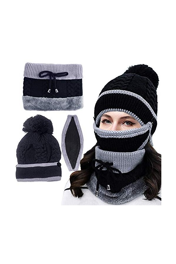 RSVOM Ensemble bonnet, écharpe et masque, 3 en 1 noir tricoté pour femme, bonnet dhiver et écharpe, bonnet thermique épais, 