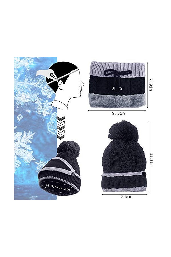 RSVOM Ensemble bonnet, écharpe et masque, 3 en 1 noir tricoté pour femme, bonnet dhiver et écharpe, bonnet thermique épais, 
