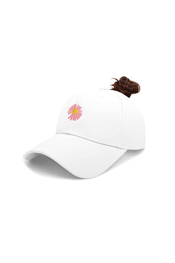BLURBE Casquette Femme Queue De Cheval - Chapeau de Baseball Cap,Homme Queue Casquette Réglable Broderie Marguerite Cap Sport