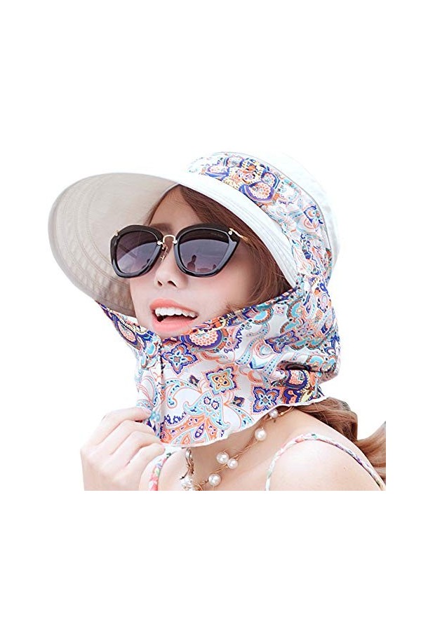 Femme Casquette Visière Large Bord Chapeau de Soleil Plage Voyage Eté Capeline de Camping Pêche Vélo Jardinage Pliable Protec