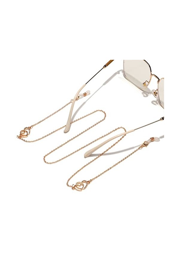 DLOETT Lunettes Métal Corde Or Double Coeurs Strass Perles Pendentif Lunettes Chaîne