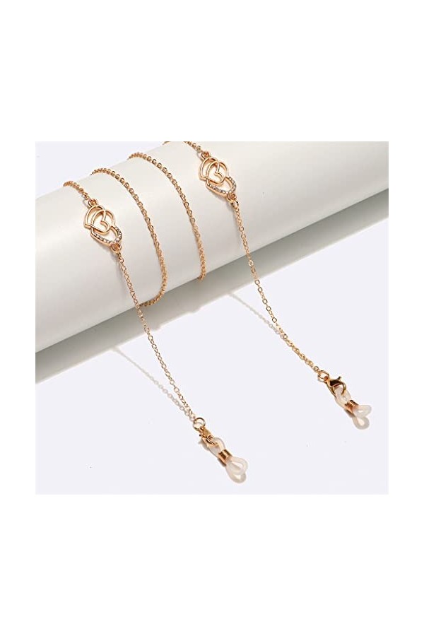 DLOETT Lunettes Métal Corde Or Double Coeurs Strass Perles Pendentif Lunettes Chaîne