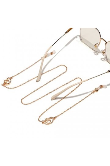 JAHH Chaîne de lunettes en métal avec pendentif en forme de double cœurs et strass Doré