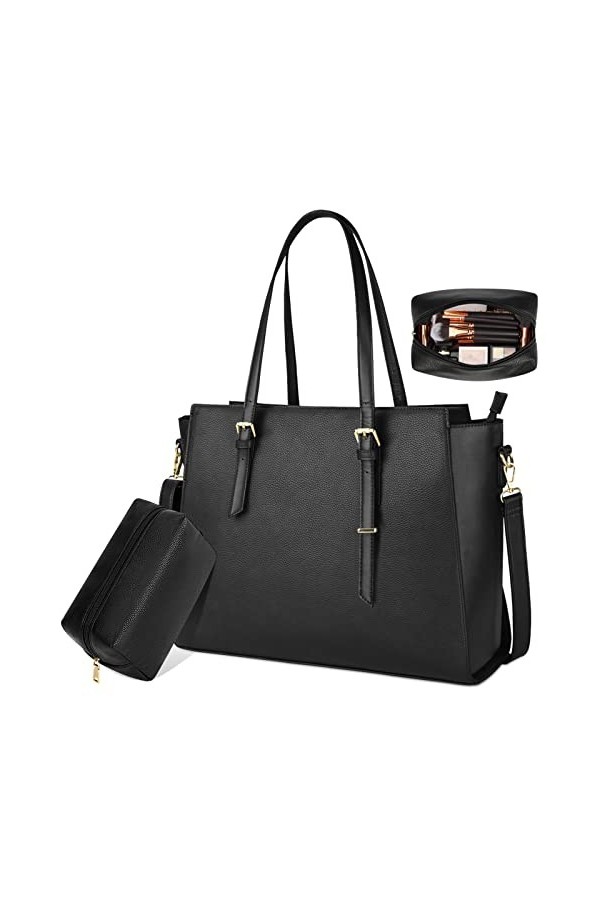 NEWHEY Sac Cabas Femmes Grand PU Cuir Sac de Cours Sac Ordinateur Portable Sac a Main pour Les Cours Lycee 15.6 Pouces, Noir,