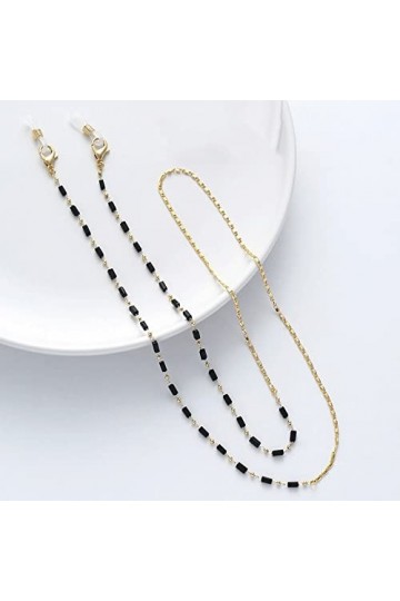FIDDAA Chaîne de Lunettes for Fille Chaînes de Lunettes de Soleil en Or perlé Noir for Femmes Perles de Cristal Longe de Lune