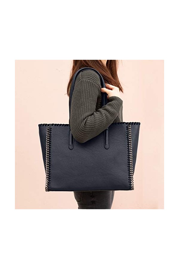 CRAZYCHIC - Sac à Main Cabas Fourre-Tout Femme Lycéenne Chaîne - Sac Grande Taille Capacité XL Cuir PU Cours Travail Fille - 