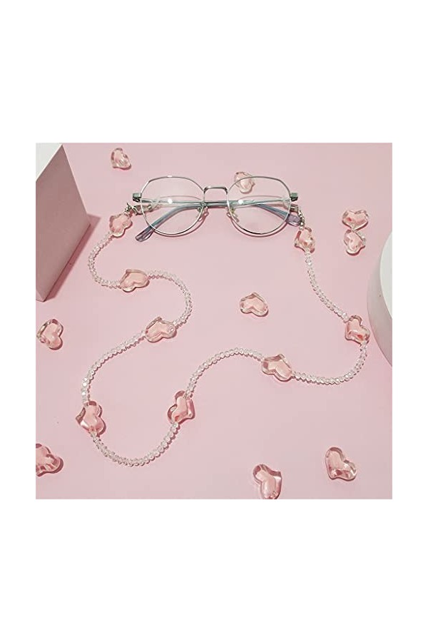 YANYUESHOP Chaîne de Lunettes de Soleil en Cristal Rose Coeur damour chaîne de Perles Transparentes romantiques pour Lunette