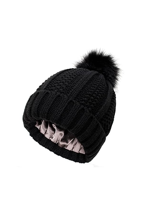 CheChury Femmes Slouch Bonnet Tricoté Pompon avec Satin Doublure Chaude Béret Côtelé Bouffant Calotte Hiver Chapeaux Éviter l