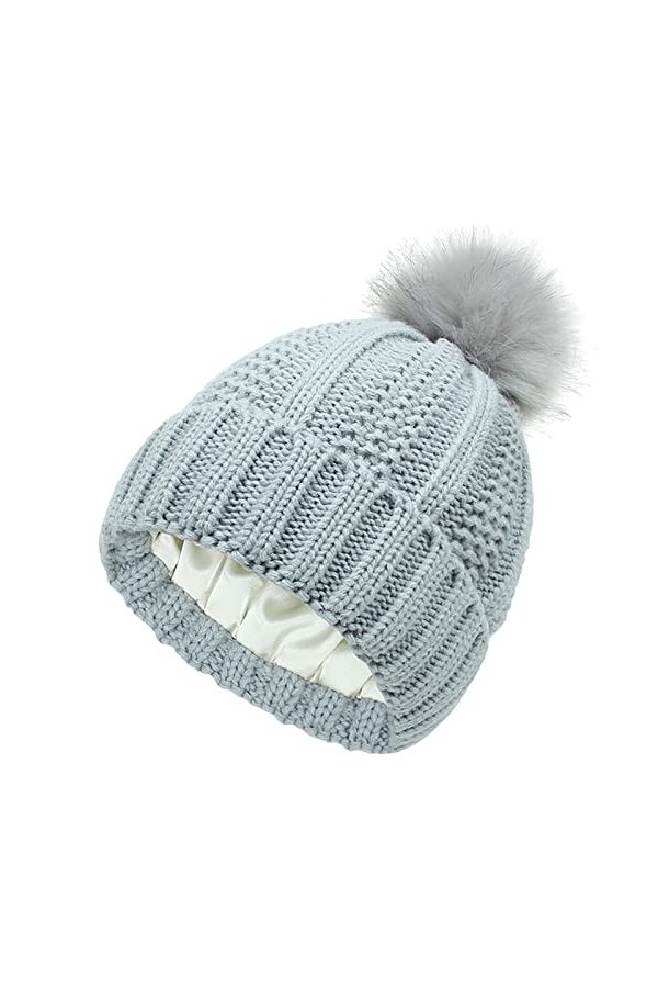 CheChury Femmes Slouch Bonnet Tricoté Pompon avec Satin Doublure Chaude Béret Côtelé Bouffant Calotte Hiver Chapeaux Éviter l