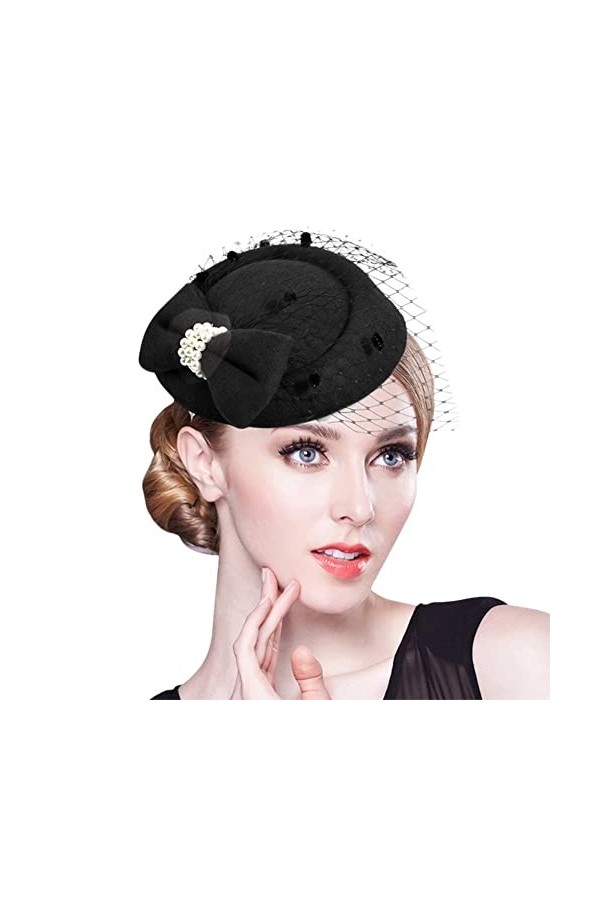 IBLUELOVER Chapeau Bibi Mariée en Voile et Laine Chapeau Mariage Mini Béret avec n½UD Chapeau Melon Fascinator Elégant Access