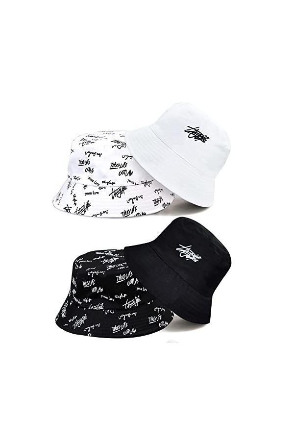 2 Pièces Chapeaux de Seau avec Lettres Chapeaux de Soleil de Plage Pliables Bob de Soleil Chapeaux de Pêcheur Chapeaux de Vis