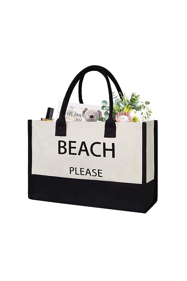 DEARBAG Grand Sac de Plage pour Femmes, Pliable Sac Fourre-Tout Eté Cabas Sacs de Courses Sac de Loisirs Sac avec Lettre-Brod