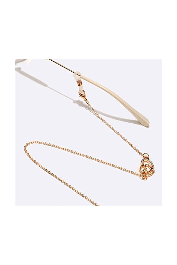 Lunettes Métal Corde Or Double Coeurs Strass Perles Pendentif Lunettes Chaîne
