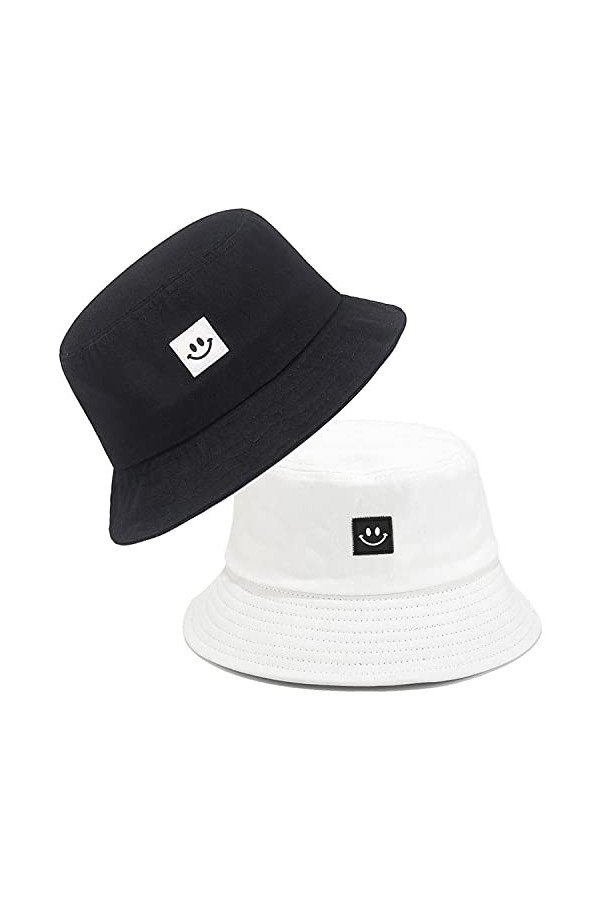 beifon 2pcs Chapeaux de Seau Visage Souriant Chapeaux de Soleil de Plage Pliables Chapeaux de Pêcheur pour Femmes Hommes Chap