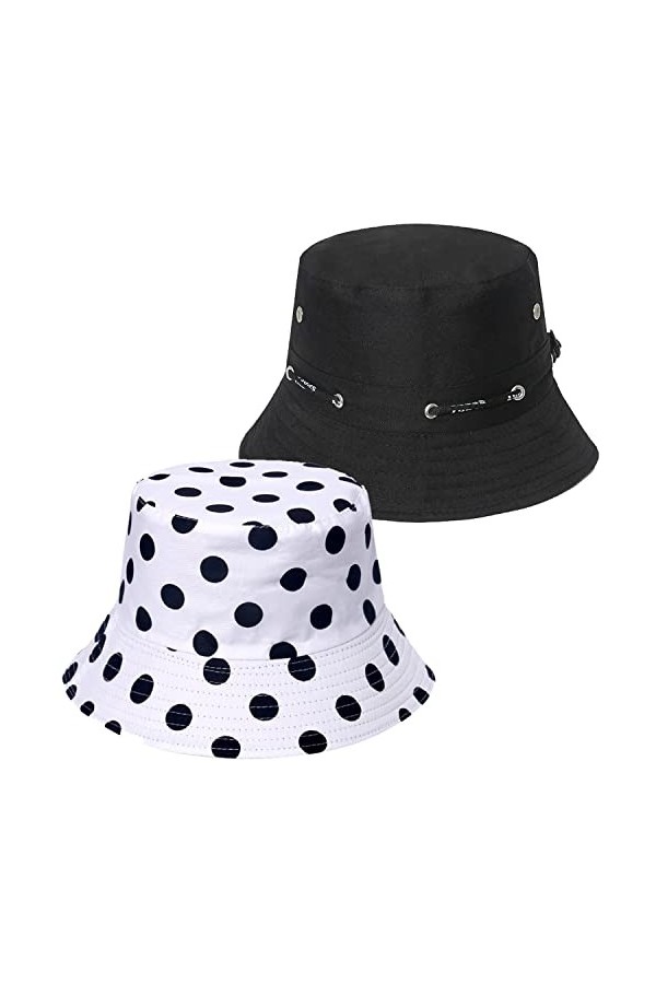 2 Pièces Chapeau de Pêcheur imprimé Bobs Chapeaux de Soleil de Plage Pliables Chapeaux de Pêcheur pour Femmes Hommes Cordon d