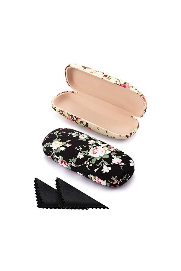2 Pièces Étuis à Lunettes Étui à Lunettes Rigide pour Femmes Étui à Lunettes Rétro Portable en Tissu Floral Abricot, Noir 