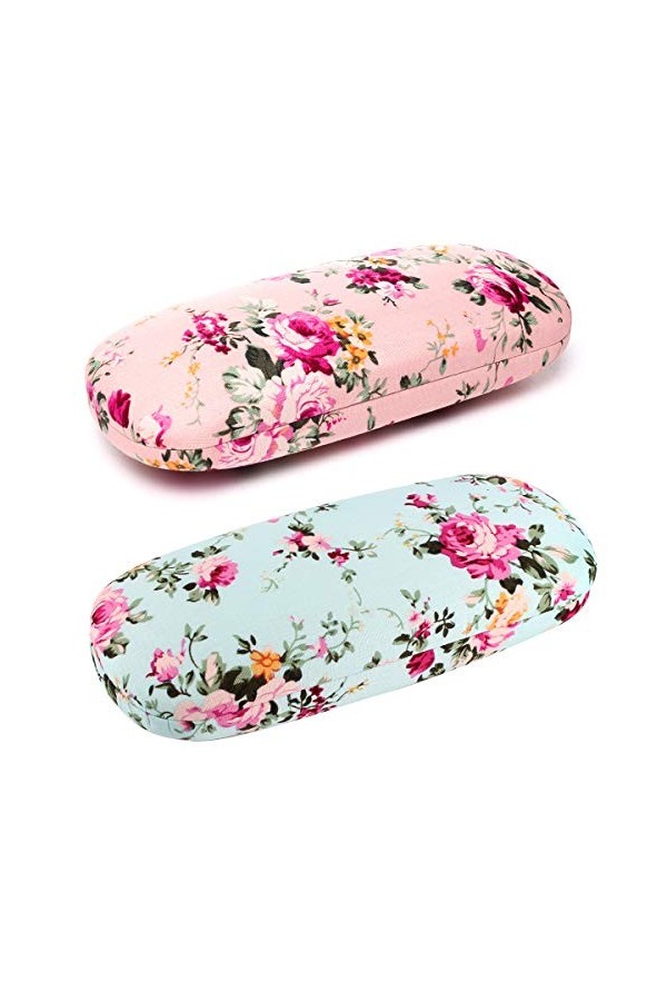 Geila Lot de 2 étuis à lunettes motif floral - Pour femme - Portable - En tissu à fleurs - Style rétro, Blau X 1 + Rosa X 1,