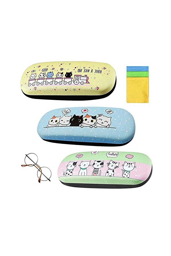 WACH AUF 3 Pièces Chat Mignon à Clapet Étuis à Lunettes Rigides avec 3 Chiffons Nettoyage Organisateur Lunettes Portable pour