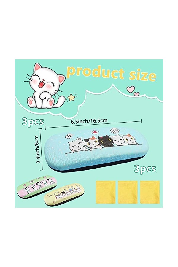 WACH AUF 3 Pièces Chat Mignon à Clapet Étuis à Lunettes Rigides avec 3 Chiffons Nettoyage Organisateur Lunettes Portable pour