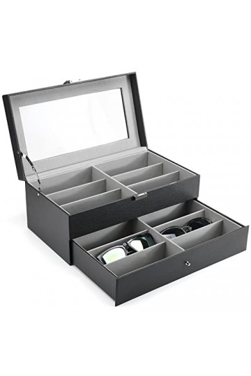 Procase Boîte à Lunettes, Ranger 12 Lunettes de Soleil ou Lunettes de Vue, 2 Compartiments avec Vitrine Couverture en Verre A