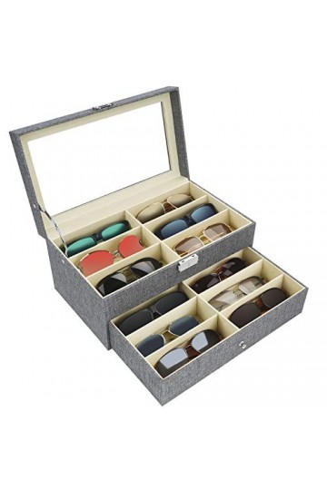 Kurtzy Boite a Lunette de Soleil Verrouillable - Rangement Lunette 2 Niveaux et 12 Compartiments avec Loquet - Presentoir Lun