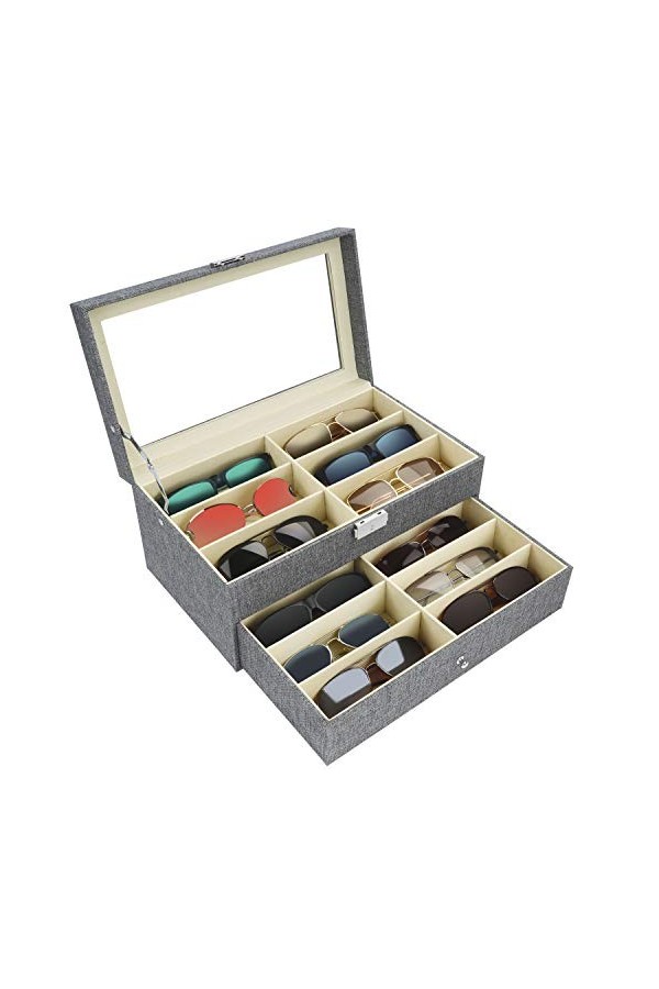 Kurtzy Boite a Lunette de Soleil Verrouillable - Rangement Lunette 2 Niveaux et 12 Compartiments avec Loquet - Presentoir Lun