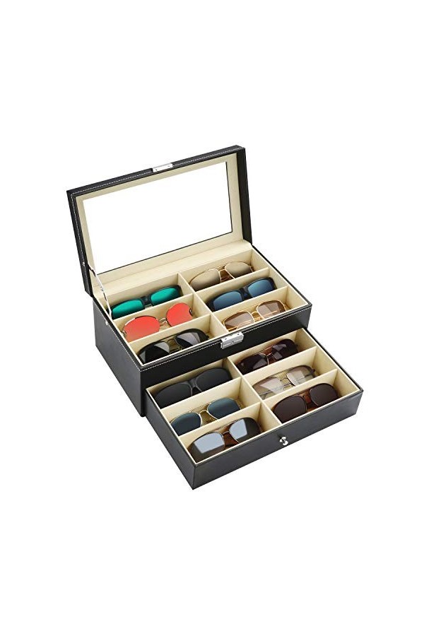 Kurtzy Boite a Lunette de Soleil Verrouillable - Rangement Lunette 2 Niveaux et 12 Compartiments avec Loquet - Presentoir Lun