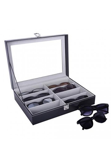 AUTOARK Boîte à lunettes en cuir,pour Soleil Lunettes en Montre,8 Compartiments,Verrouillable,avec Dessus en Verre,Noir,AW-08