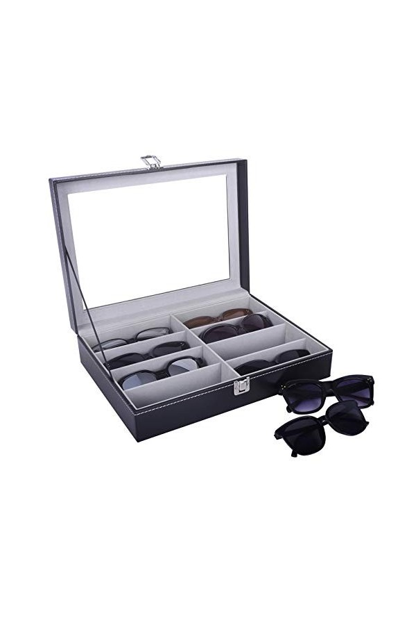 AUTOARK Boîte à lunettes en cuir,pour Soleil Lunettes en Montre,8 Compartiments,Verrouillable,avec Dessus en Verre,Noir,AW-08