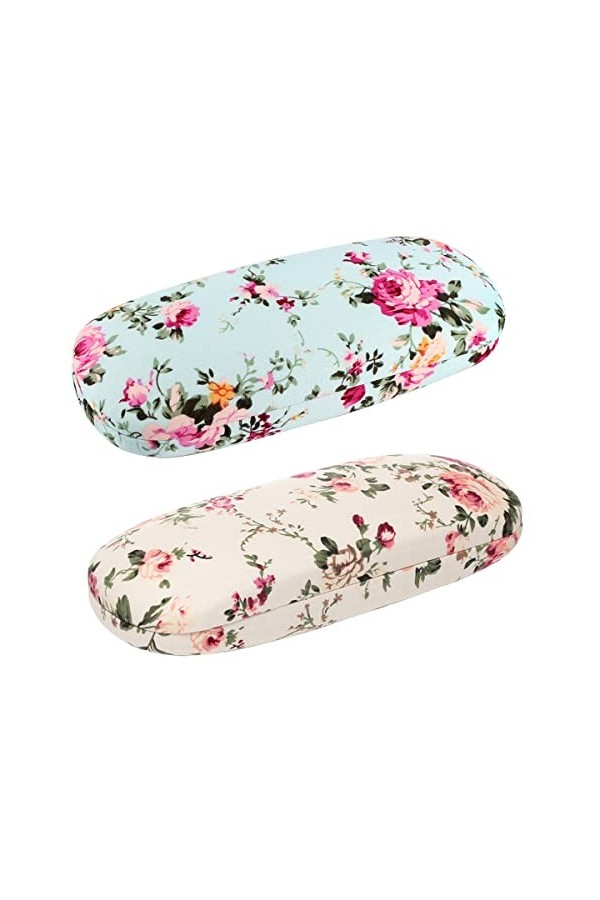 Lot de 2 étuis à lunettes en verre - Motif floral - Style rétro - Pour femme, Bleu + beige., taille unique