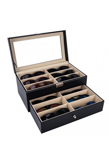 AUTOARK Boîte à bijoux en cuir PU,Pour 12 lunettes de soleil,Rangement verrouillable,Couvercle en verre,Noir,AWU-026