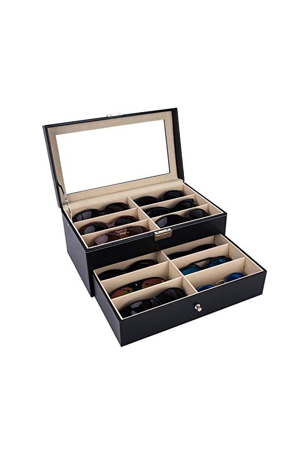AUTOARK Boîte à bijoux en cuir PU,Pour 12 lunettes de soleil,Rangement verrouillable,Couvercle en verre,Noir,AWU-026