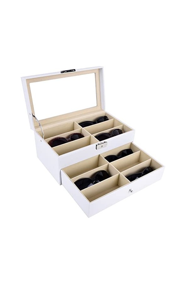 AUTOARK Boîte à bijoux en cuir PU,Pour 12 lunettes de soleil,Rangement verrouillable,Couvercle en verre,Noir,AWU-026