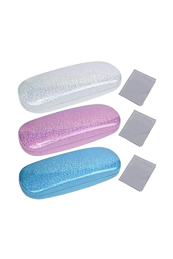 aurorayer Lot de 3 étuis à lunettes rigides en cuir synthétique avec 3 chiffons de nettoyage, étui à lunettes de soleil paill