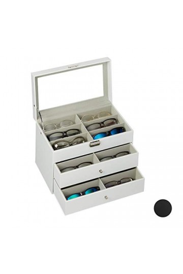 Relaxdays Boîte à lunettes pour 18 paires, Rangement montures, cuir artificiel 22,5 x 33,5 x 19,5 cm, coffre, noir