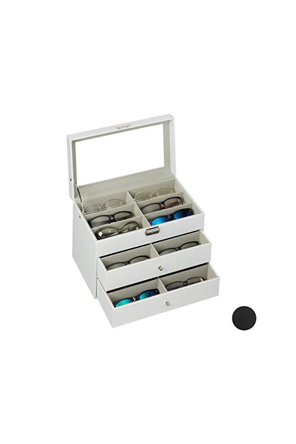 Relaxdays Boîte à lunettes pour 18 paires, Rangement montures, cuir artificiel 22,5 x 33,5 x 19,5 cm, coffre, noir