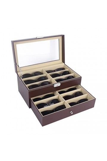 AUTOARK Boîte de Rangement en Cuir avec tiroir,pour 12 Lunettes de Soleil,Verrouillable,avec Dessus en Verre,Brun,AW-129