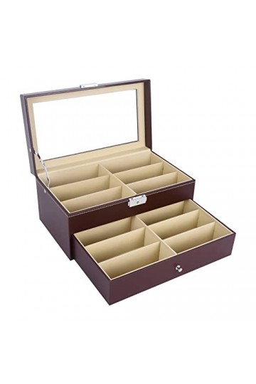 AUTOARK Boîte de Rangement en Cuir avec tiroir,pour 12 Lunettes de Soleil,Verrouillable,avec Dessus en Verre,Brun,AW-129