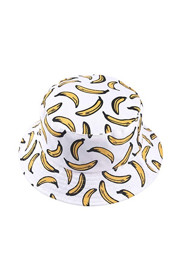 Femmes Bobs Fruit Imprimé Réversible Seau Chapeau Hommes Soleil Pêcheur Dehors Casquette Banane-Blanc