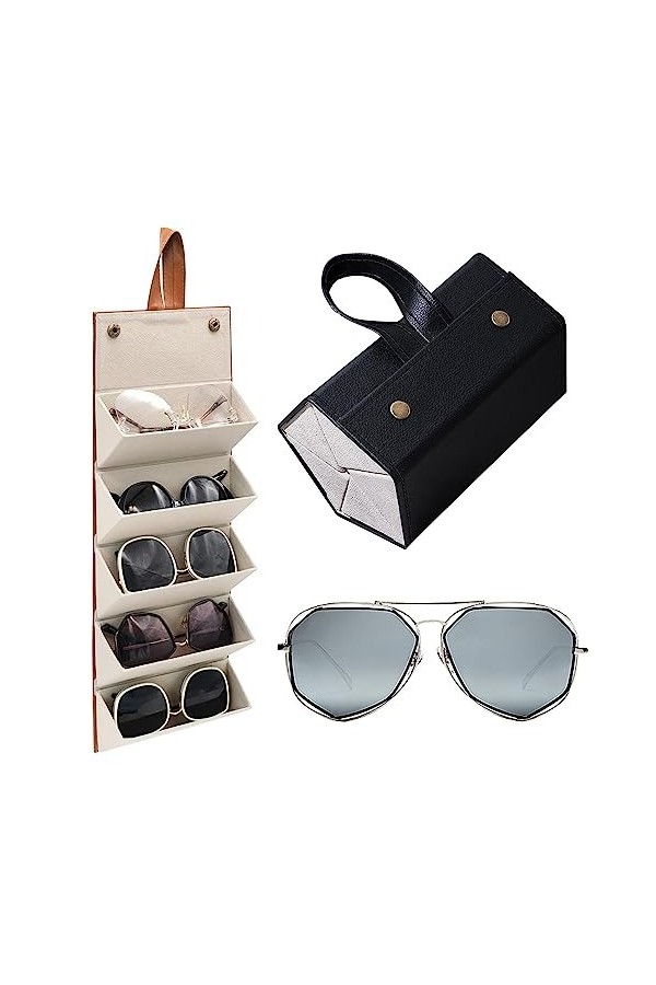 Rianpesn Étui à voyage, Étui rangement multi-lunettes en cuir PU, Mallette rangement portable multi-lunettes soleil organisat