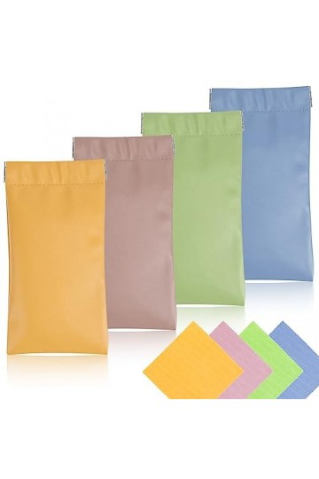 Nswayy Étui Lunette Souple, 4Pcs Pochette à Lunette en Cuir, Sac à Lunettes de Couleur Différents avec 4Pcs Chiffon à Lunette