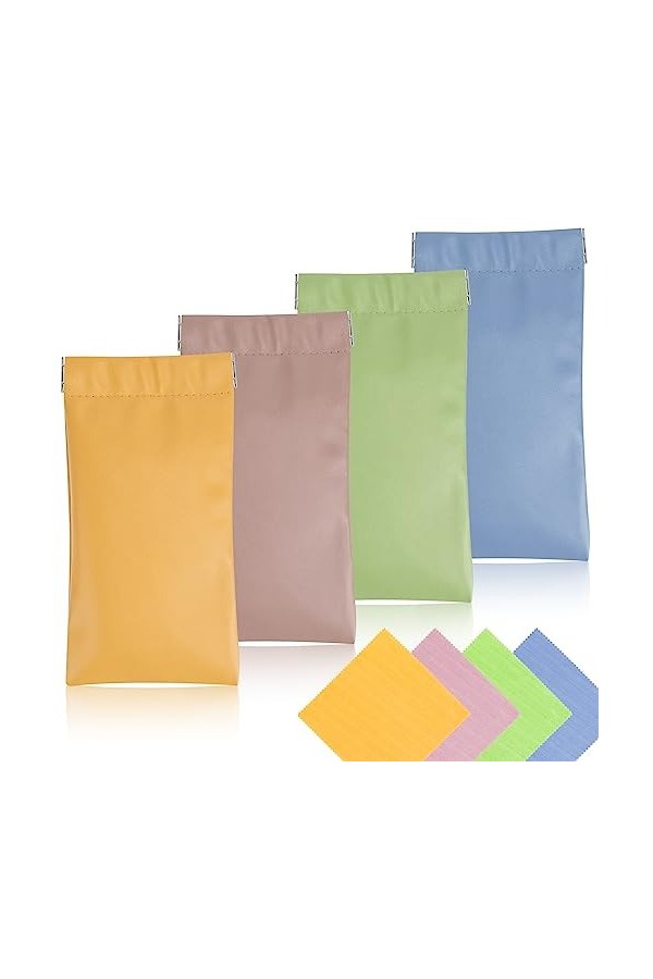 Nswayy Étui Lunette Souple, 4Pcs Pochette à Lunette en Cuir, Sac à Lunettes de Couleur Différents avec 4Pcs Chiffon à Lunette
