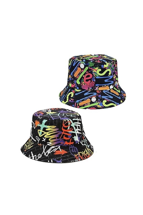 SKHAOVS 2 Pcs Chapeau de Seau Tendance, Chapeau de Pêcheur Réversible, Chapeaux de Seau Imprimé Bucket Hat, Chapeau de Soleil